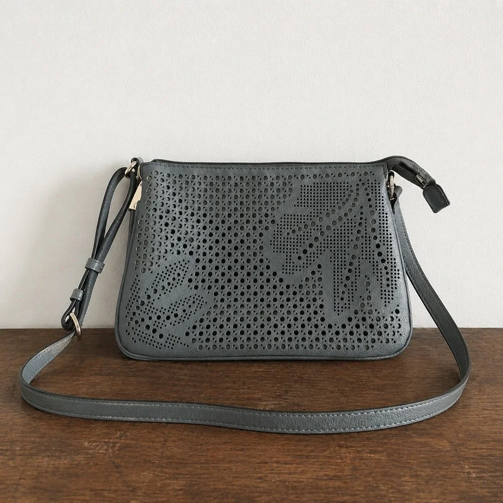 Seven Days Laser Cut Vegan Crossbody Purse 10x7 Minimalist Grey Blue Modern Chic